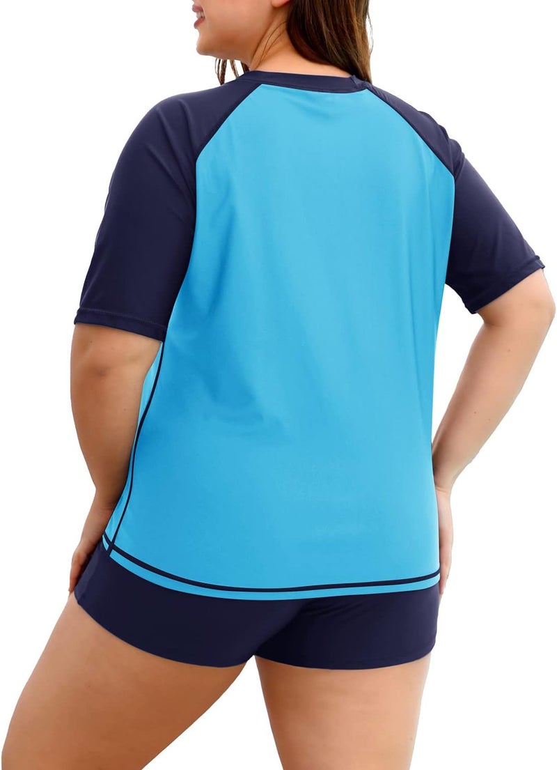 Holipick Two Piece Women Plus Size Rash Guard Short Sleeve Swim Shirts and Shorts UPF 50+ Rashguard Swimsuit - Image 3